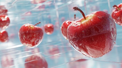 A striking arrangement of glossy red apples floating in a reflective, abstract environment, creating a vibrant, surreal effect.