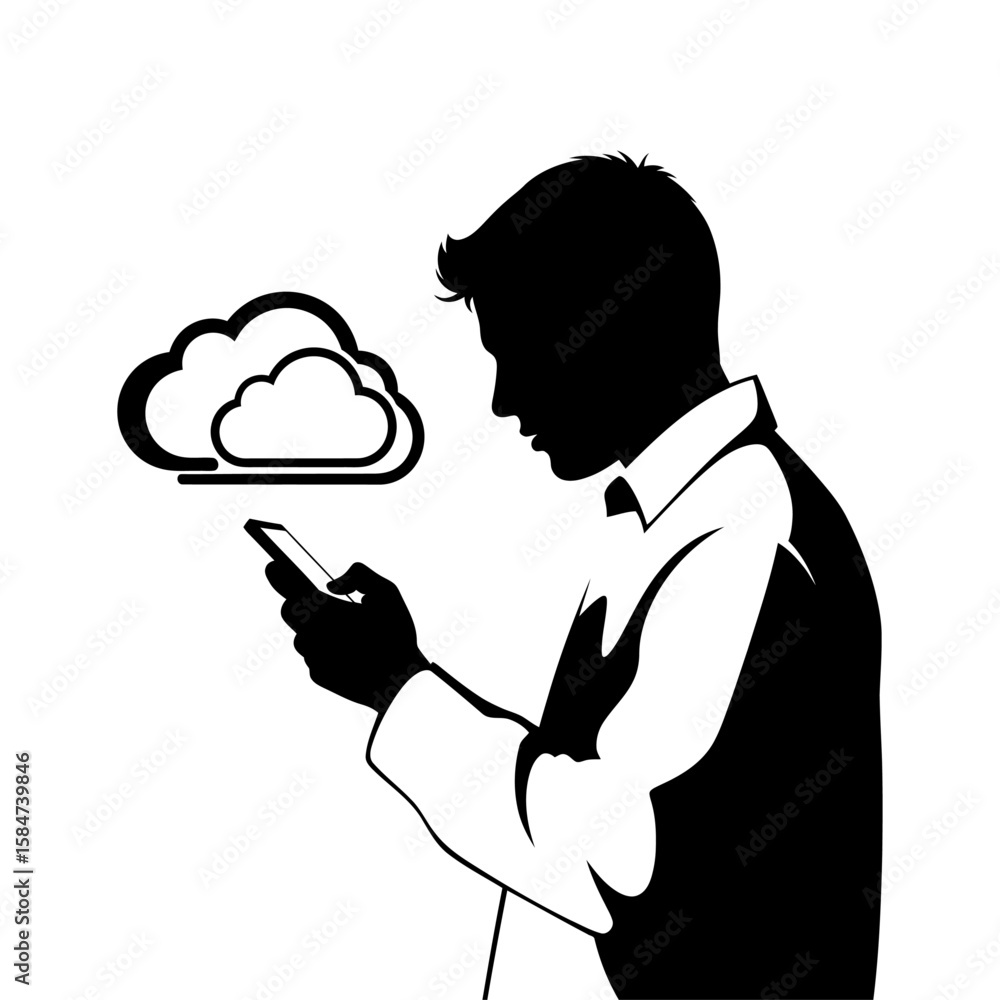 Poster man using smartphone, connecting to cloud data storage.