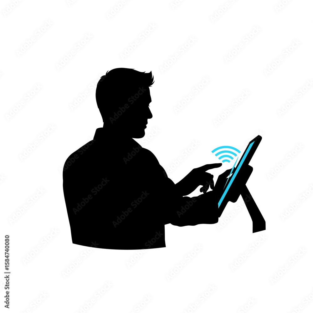Poster silhouette of a man using a tablet computer with wireless connection.