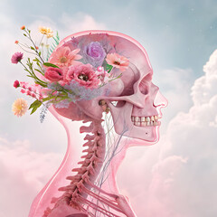 A surreal and artistic side profile of a translucent human head with glowing abstract shapes inside, creating a futuristic and imaginative look.