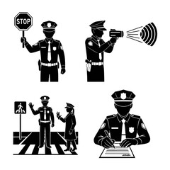 Police officers in various actions: holding a stop sign, using radar, assisting at a crosswalk, and writing a report.
