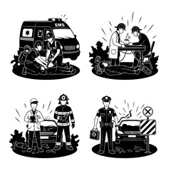 Emergency responders in action, depicting various scenarios of medical and safety services.