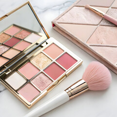 An open makeup palette with a variety of blush tones and a makeup brush placed beside it, arranged neatly on a clean surface for a stylish and colorful look.