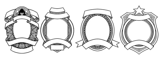 Four vintage-style blank frames with ribbons and badge shapes, ideal for label design, logos, packaging, or custom text illustrations.