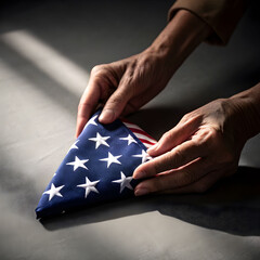 Close-up of hands holding a small folded American flag, showing respect and honor in a simple, heartfelt moment.