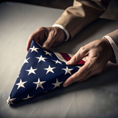 Close-up of hands holding a small folded American flag, showing respect and honor in a simple, heartfelt moment.