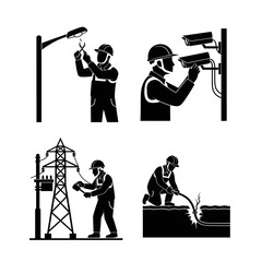 Four illustrations depict workers performing maintenance on a street light, security cameras, power lines, and underground cables.