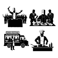 Silhouette illustrations depict culinary events: a chef celebrating, a judging panel, a food truck, and a chef cooking.
