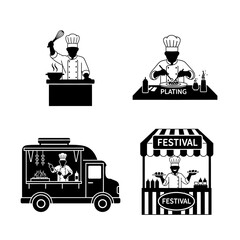 Black and white illustrations of chefs cooking, plating food, and operating food service vehicles.