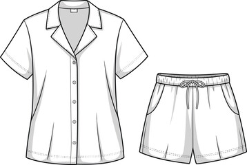 Short sleeve pajama set front view, shirt and shorts vector CAD sketch for sleepwear fashion flat design and illustration