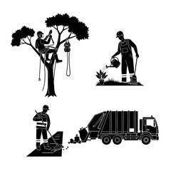 Silhouetted illustrations depicting a tree trimmer, a gardener watering plants, a street cleaner, and a garbage truck.
