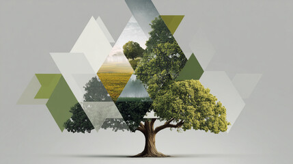 An abstract image of a tree made of geometric shapes, with parts of the tree being shaded in green, symbolizing the relationship between nature and sustainability
