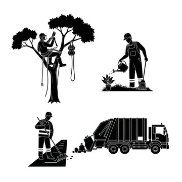 Silhouetted illustrations depicting a tree trimmer, a gardener watering plants, a street cleaner, and a garbage truck.