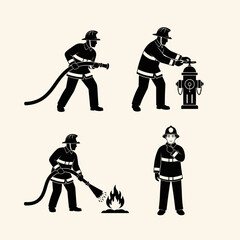 Firefighters in action: using a hose, connecting to a hydrant, and extinguishing a fire.