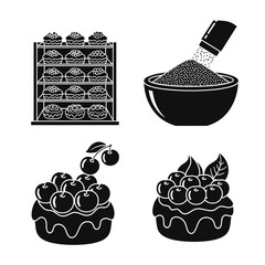 Silhouette icons of bakery items, including a display case, mixing bowl, and various pastries.