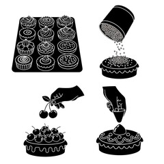 Baking process illustrated: cupcakes, tarts, decorating, cherries, and sprinkling.