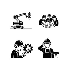 Construction workers collaborating, examining blueprints, and operating machinery.
