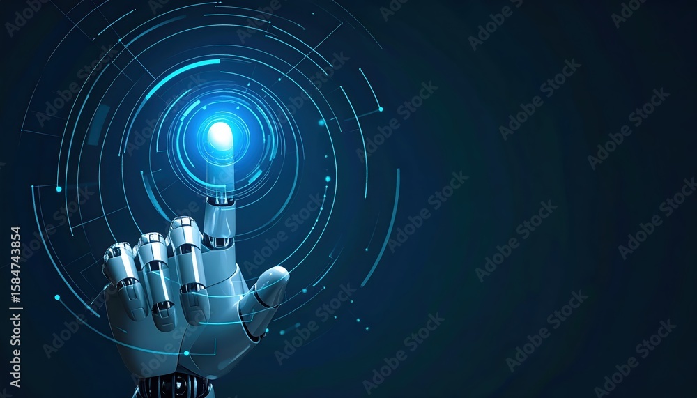Poster highly detailed digital robotic hand interacting with futuristic glowing interface with circular pat