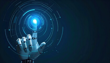 Highly detailed digital robotic hand interacting with futuristic glowing interface with circular patterns and light effects illustrating advanced technology and innovation