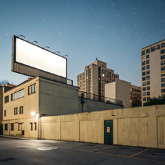 Evening cityscape with a bright blank billboard on a building, glowing against the city lights, creating a modern and eye-catching scene.