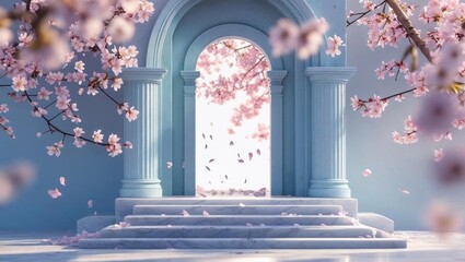 Soft Blue Archway with White Steps and Blossoms