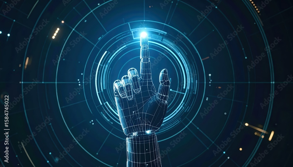 Poster futuristic digital interface with a holographic hand tapping a glowing point in a high-tech glowing 