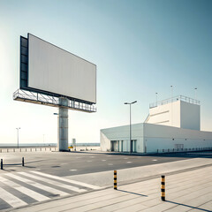 Isolated billboard on a clean modern building with a clear sky background, creating a sleek and minimal advertising space.