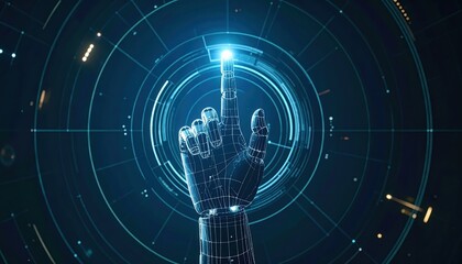 Futuristic digital interface with a holographic hand tapping a glowing point in a high-tech glowing circular HUD design for technology innovation and digital interaction
