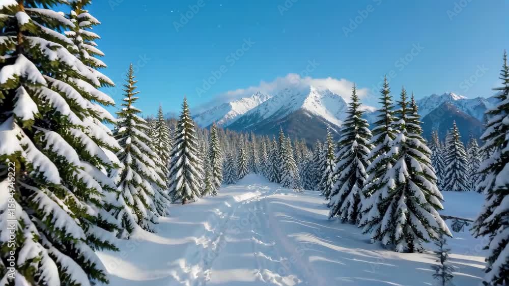 Wall mural snowy trees in the foreground of a mountain range with a snow covered peak in the background