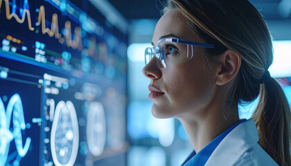 Fototapeta premium Focused Scientist Analyzing Medical Data: A female scientist, wearing protective eyewear, intently studies complex medical data displayed on a large screen.