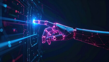 Futuristic digital hand interacting with holographic interface showcasing technology innovation and virtual reality concepts with glowing effects and geometric patterns