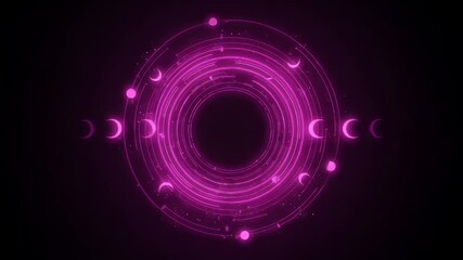 A glowing, abstract design features concentric circles and moons, radiating pink light against a black background, creating a cosmic aura - Powered by Adobe