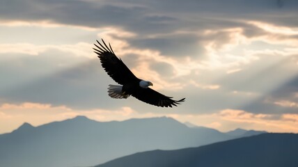 Naklejka premium Bald eagle soars against a backdrop of mountains and a cloudy sunset sky