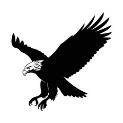 Obraz premium A black silhouette of a bald eagle in flight, wings spread, talons extended, head turned to the left.