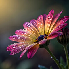 Macro close-up of a single vibrant flower with dew drops on its petals, showing rich colors and fine natural details for a fresh, lively feel.