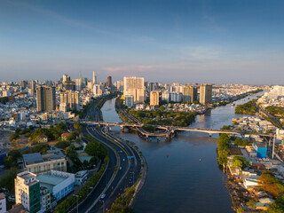 Panoramic view of Saigon, Vietnam from above at Ho Chi Minh City's central business district....