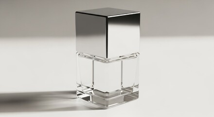 Elegant glass bottle with silver lid on a bright surface, abstract