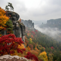 Panoramic view of dramatic stone cliffs with vivid textures and rich natural colors, creating a powerful and breathtaking landscape scene.