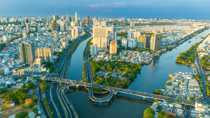 Panoramic view of Saigon, Vietnam from above at Ho Chi Minh City's central business district....