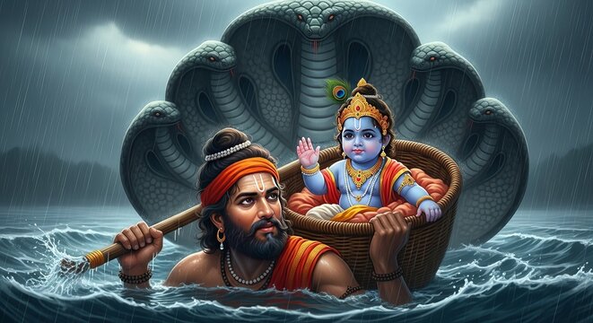 Vasudeva carries baby krishna in a basket through a stormy river