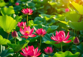 Fototapeta premium Radiant red lotus blossoms illuminate lush green foliage, vibrant summer scene, background, botanical