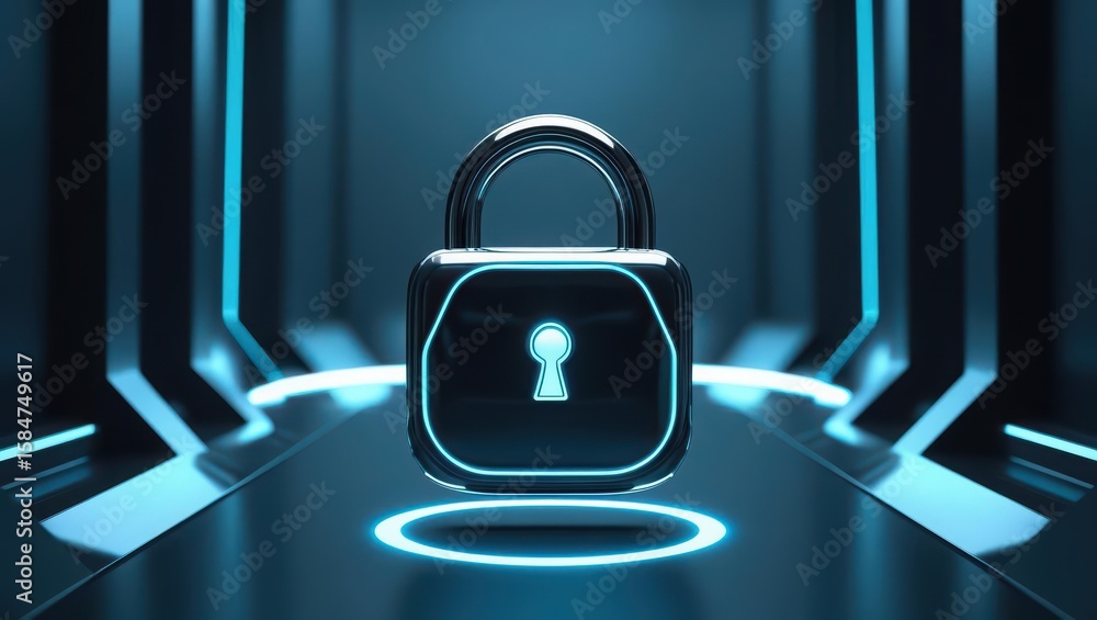 Poster high tech security lock illustration with glowing keyhole on digital background for cybersecurity an