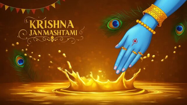 Krishna’s Blue Hand with Flute and Peacock Feather – Janmashtami Festival Illustration, Spiritual Art Design of Lord Krishna’s Divine Presence and Blessing