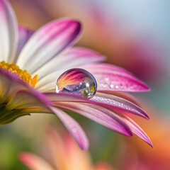 Perfectly spherical water droplet resting on a flower petal, showing clear reflections and delicate details for a fresh and peaceful look.