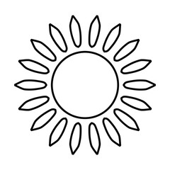Cartoon icon illustration of a flat style black line sun with heat rays for sunbathing. Solar system planet, sunset, sunrise.