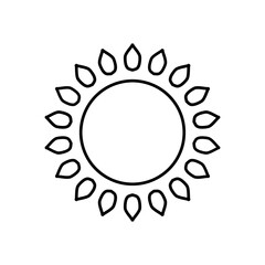 Cartoon icon illustration of a flat style black line sun with heat rays for sunbathing. Solar system planet, sunset, sunrise.