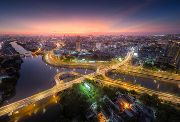 Fototapeta premium Panoramic view of Saigon, Vietnam from above at Ho Chi Minh City's central business district. Cityscape and many buildings, local houses, rivers. Landscape concept.