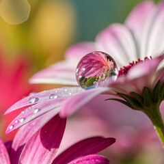 Perfectly spherical water droplet resting on a flower petal, showing clear reflections and delicate details for a fresh and peaceful look.