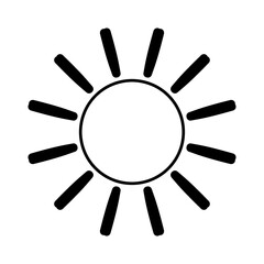 Cartoon icon illustration of a flat style black line sun with heat rays for sunbathing. Solar system planet, sunset, sunrise.