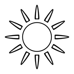 Cartoon icon illustration of a flat style black line sun with heat rays for sunbathing. Solar system planet, sunset, sunrise.